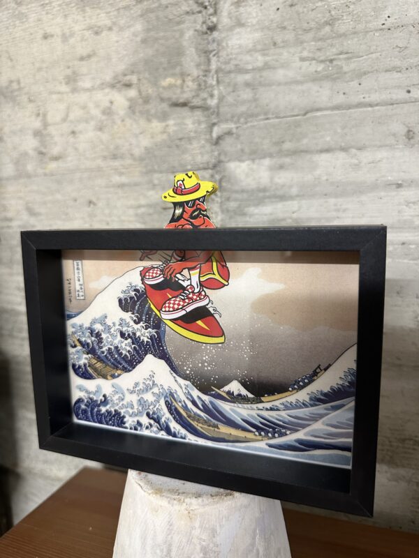 Cholo Riding Surf on Hokusai’s Wave Art Framed - Image 2